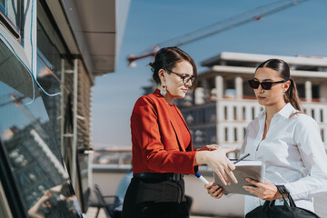 Two business people engage in a focused discussion on a high-rise balcony, overlooking an urban cityscape.