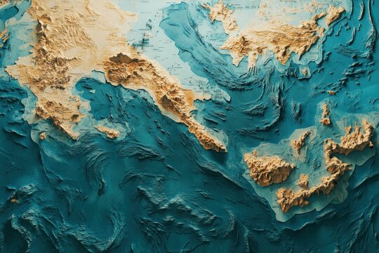 A detailed nautical chart displaying ocean depths, underwater terrain, and coastal features with copy space. Soft even light. Maritime navigation background. 