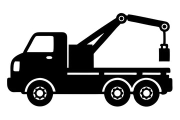 Naklejka premium Black Silhouette Of A Tow Truck With Boom And Three Axles Isolated On A White Background Illustration, tow truck, wrecker, recovery vehicle, car, auto, transportation, automobile, mechanical