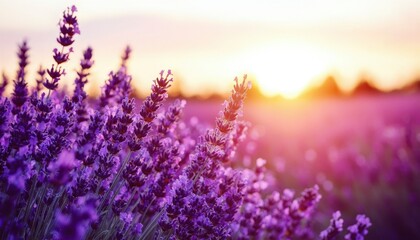 Fototapeta premium Lavender field blooming at sunset, golden light, peaceful rural landscape