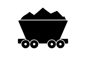 Minimalist Black Silhouette Illustration Of A Coal Mining Cart With Ore On A Clean White Background For Design Projects, coal, mining, cart, ore, silhouette, vector, black, white, icon, symbol