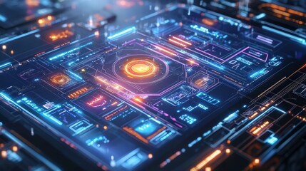 Fototapeta premium Futuristic abstract digital interface with vibrant neon lights and intricate circuitry patterns