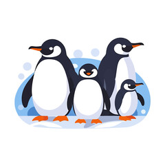 Fototapeta premium Four_cartoon_penguins_with_white_bellies_orange_beaks_feet_on_snowy_blue_background