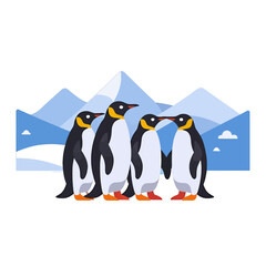 Obraz premium Four_penguins_with_orange_feet_and_yellow_collars_in_front_of_blue_mountains
