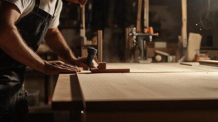 Hispanic cabinetmaker assembling a custom wood cabinet in a workshop. Featuring craftsmanship and attention to detail