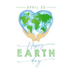 April 22 Earth Day social media banner with creative map of the world, artistic heart shape and supporting hands. Blogging post concept. Network timeline stories design. Greeting card template.