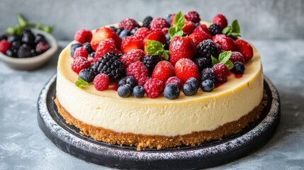 A creamy cheesecake topped with an assortment of fresh berries, including raspberries, blueberries, and blackberries, served on a gray plate.