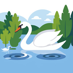 Obraz premium Swan_with_cygnet_in_lake_trees_hills_sky_clouds_flat_vector_illustration
