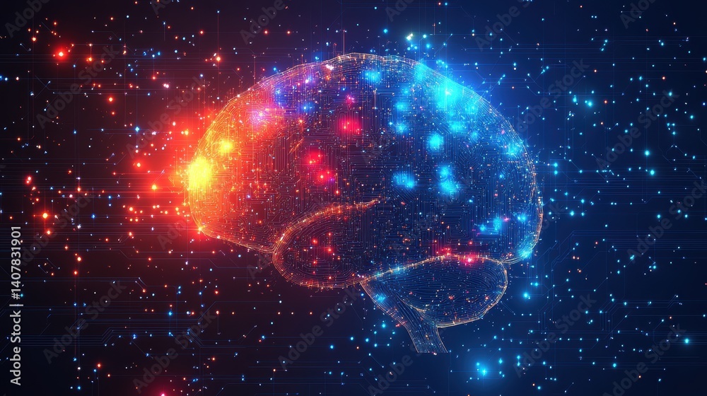 Poster abstract blue background with colorful low poly brain and circuit board elements for an artificial intelligence illustration design ai technology banner template generative ai,stock image