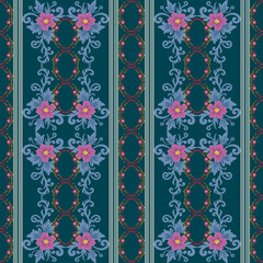 A vibrant floral pattern featuring purple flowers and intricate designs on a dark teal background.