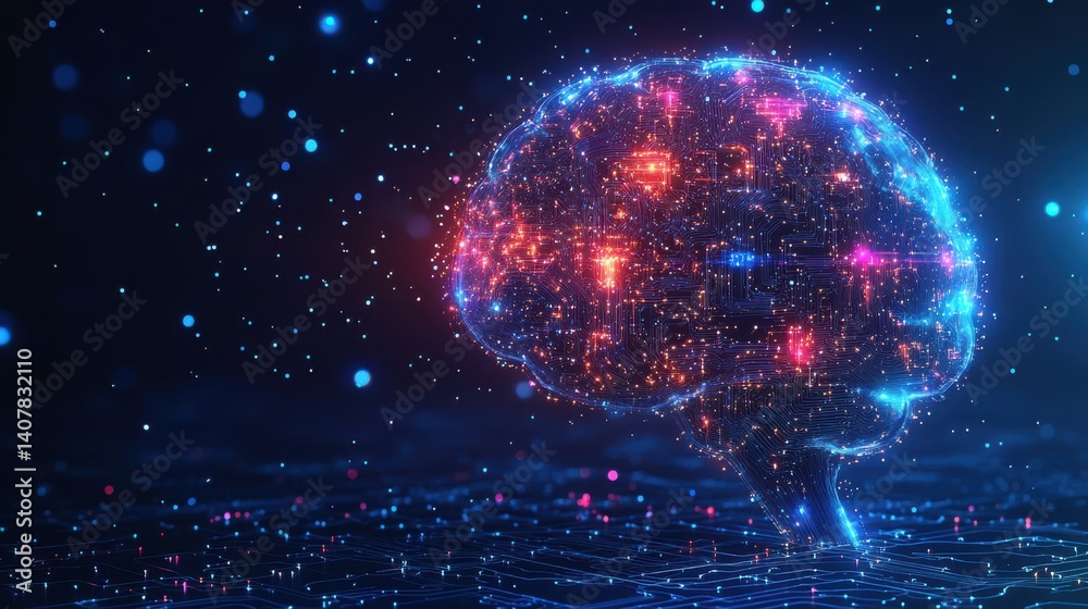 Poster abstract blue background with colorful low poly brain and circuit board elements for an artificial intelligence illustration design ai technology banner template generative ai,stock photo