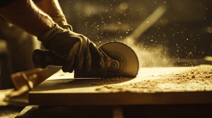 Carpenter cutting wood with a circular saw. Featuring skill and precision