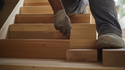 Hispanic carpenter assembling a custom wooden staircase. Featuring carpentry skills and home construction