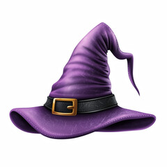 Whimsical purple witch hat with black belt and gold buckle isolated on transparent background.