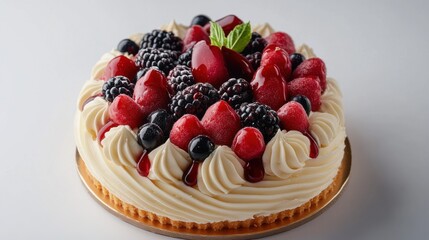 A creamy cheesecake topped with an assortment of fresh berries, including raspberries, blueberries, and blackberries, served on a gray plate.