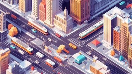 A stylized, isometric view of a city street intersection with trams, cars, and buildings.