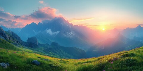 Breathtaking sunrise over mountainous landscape with green meadows and colorful sky