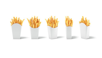 Blank white paper pack french fries mockup, different angles views