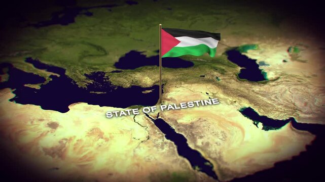 The Flag of State of Palestine on the World Map, State of Palestine map with flag 3d animation