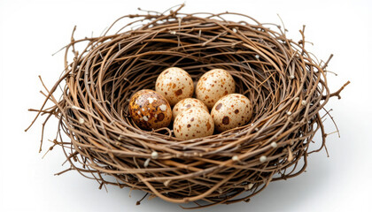 Obraz premium Delicate Speckled Eggs in Natural Twig Nest, Overhead Shot