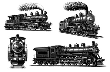 Steam locomotive set in vintage engraving style