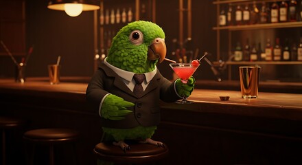 Sophisticated Parrot: 3D Rendered Cocktail Hour AI Generated