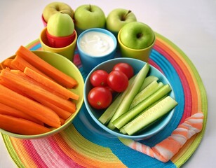 Colorful healthy snacks for kids featuring carrots, cucumbers, apples, and yogurt dip