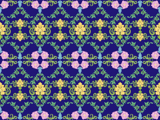 A vibrant floral pattern featuring intricate designs with purple flowers and yellow accents on a deep blue background.