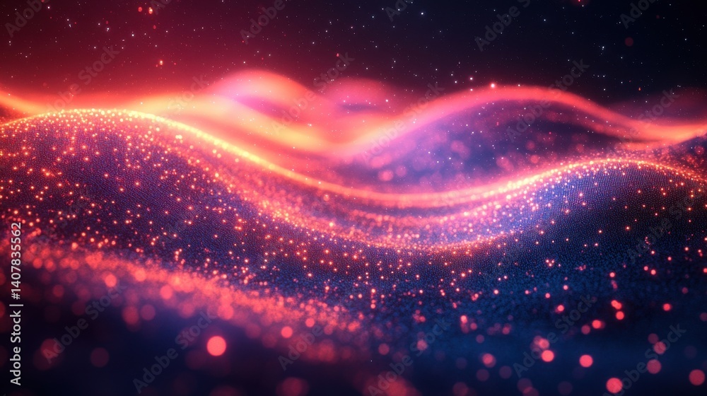 Poster abstract digital background with glowing lines particles and bokeh effect futuristic technology with vibrant pink orange and blue colors ideal for tech science and innovation themes,stock photo