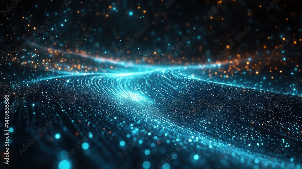 Poster abstract digital landscape depicting a futuristic blue and green grid moving rapidly through space a