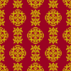 A vibrant red and yellow damask pattern featuring ornate floral motifs, perfect for textiles and decorative purposes.