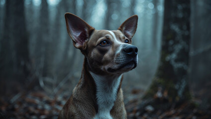 Curious dog exploring foggy forest, canine adventure in mystical woods
