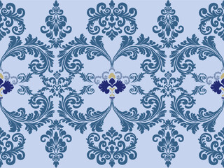 A decorative blue and purple floral pattern featuring intricate swirls and designs, ideal for textiles or wallpaper.