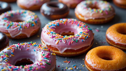 Delicious assorted donuts with colorful sprinkles tempting dessert lovers