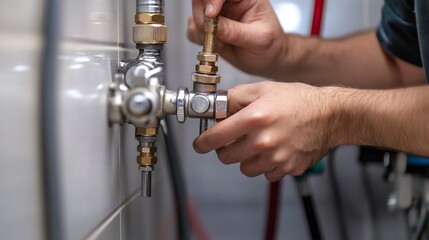 Plumber installing a new shower valve. Featuring skill and precision