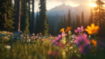 Obraz premium Colorful wildflowers meadow at sunset in mountains