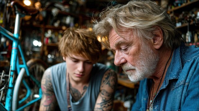 Fixing bicycle with dad in garage, boy, happiness, retirement, older, person, parent