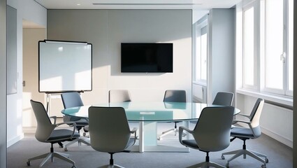 Bright Meeting Room Interior with Chairs, Screen, and Minimal Design