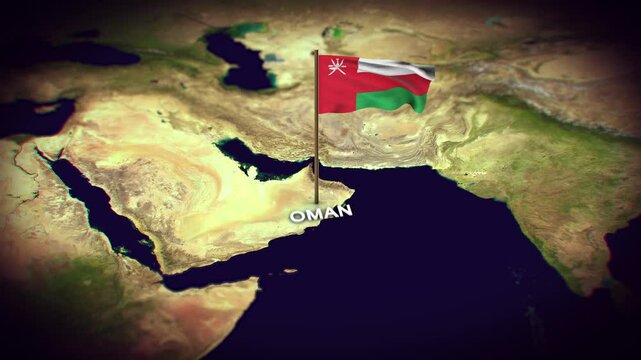 The Flag of Oman on the World Map, Oman map with flag 3d animation