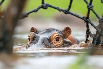 Fototapeta premium A young hippopotamus submerged in murky water, only its head visible, near a rope net.