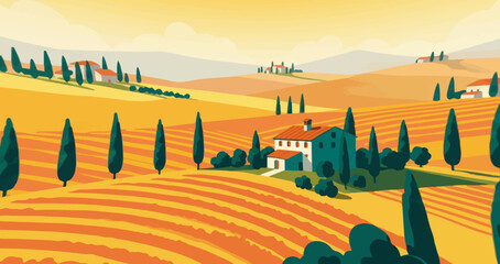 Tuscany, Italy landscape with rolling hills, vineyards and houses. Flat vector illustration