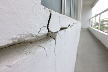 Large, deep cracks in a white exterior wall, indicating structural damage to the building.