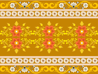 A vibrant floral pattern featuring orange and yellow flowers, intertwined with decorative vines on a golden backdrop.