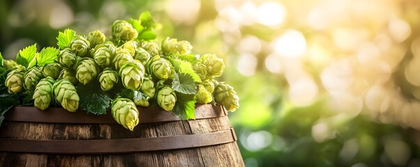 A beautiful display of fresh hops resting atop a wooden barrel in a sunlit environment, showcasing the green lushness and vibrant colors that highlight the essence of brewing.
