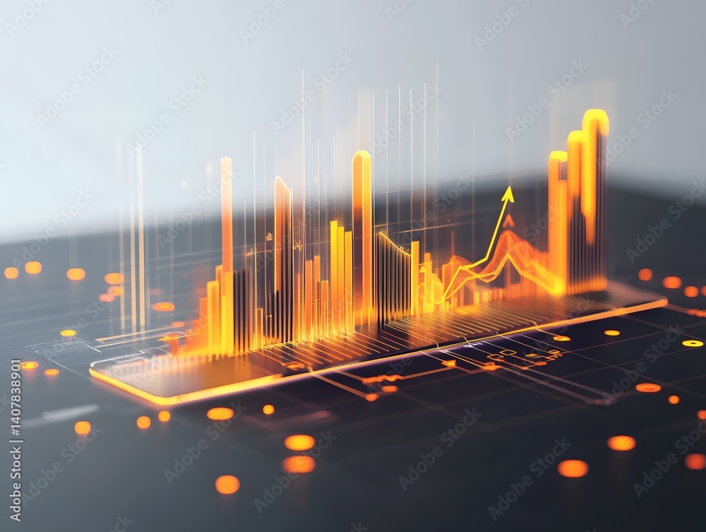 Poster a futuristic digital representation of financial data showcasing dynamic graphs and metrics. ideal f