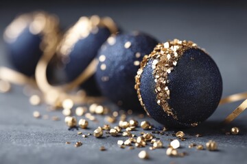 Elegant blue and gold Christmas ornaments displayed creatively on a dark surface
