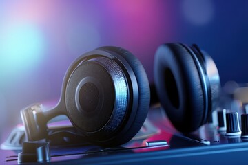 Premium Black Headphones with Metal Accents on Studio Console.