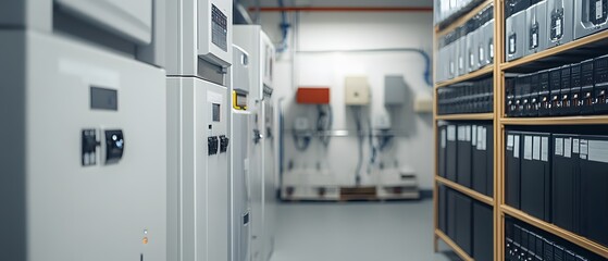 A modern industrial environment showcasing organized file storage and electrical equipment, symbolizing efficiency and technology in today's workplace.