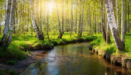 Obraz premium crystal stream winding through a sunlit birch forest in the heart of springtime wonder