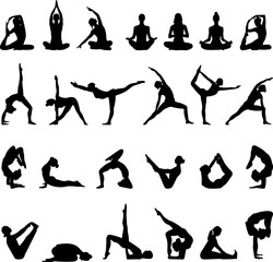 set of silhouettes of women doing yoga, stretching, vector